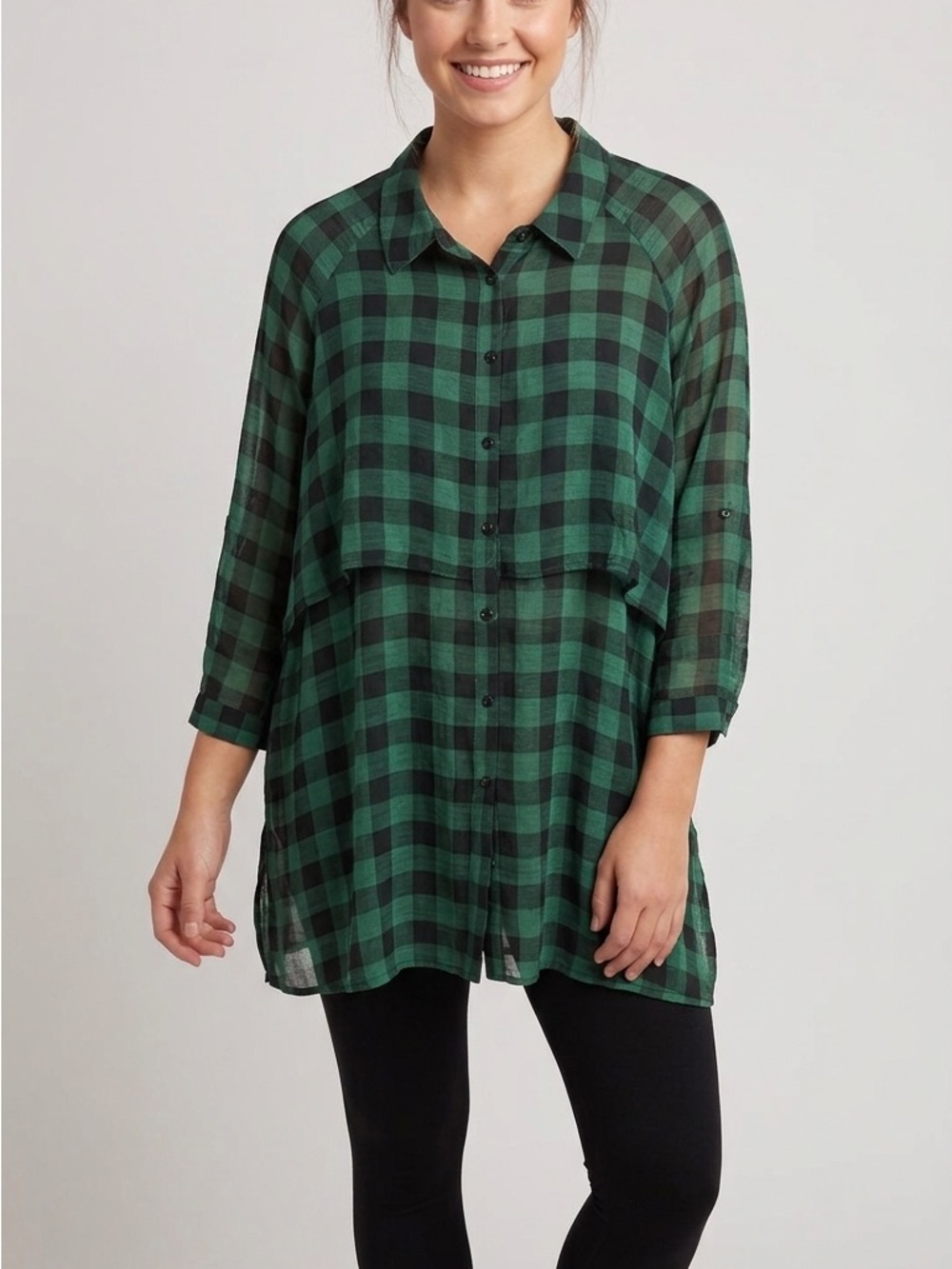 Soft Surroundings Green and Black Plaid Tunic Shirt